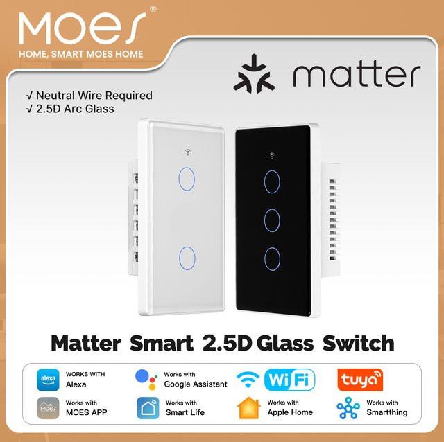 MOES Tuya Matter WiFi Smart Light Switch US-Version in Weiß mit Glasoberfläche, kompatibel mit Alexa, Google Home, Apple HomeKit und SmartThings, Neutralleiter erforderlich - Bild 1