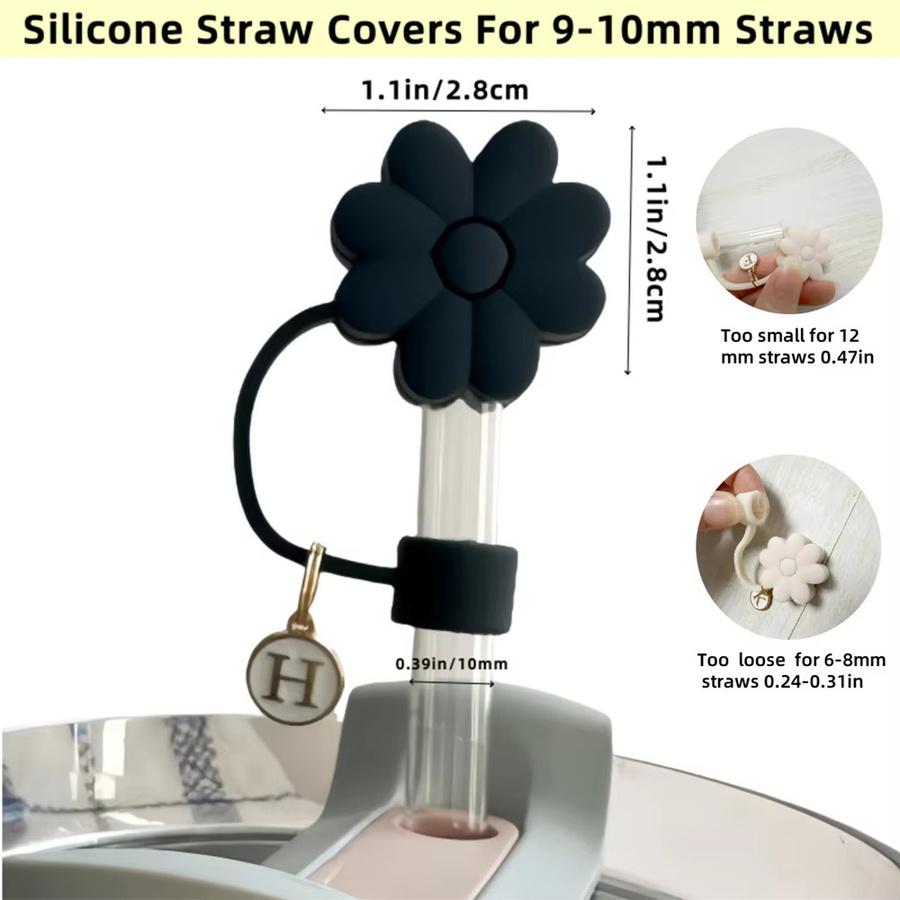 Seavidar Strohhalmverschluss aus Silikon mit Blumen-Design in Schwarz, staubdichte Strohhalm-Abdeckung für Glas- und Wasserflaschen - Bild 3