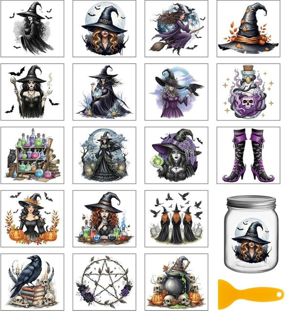 18 Blatt Halloween Hexen Transferaufkleber in Multicolor für Tassen und Vasen, Größe pro Aufkleber: Breite: 9,9 cm, Höhe: 9,1 cm - Bild 1