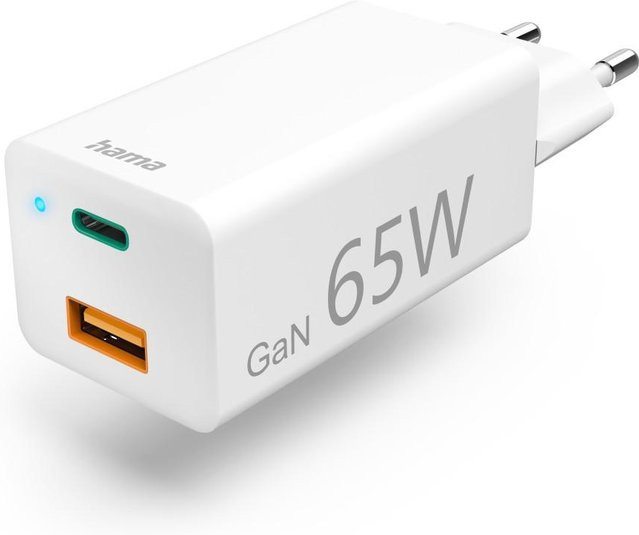 Hama GaN Mini-Schnellladegerät mit 65 W, 1x USB-C und 1x USB-A, Weiß - Bild 1