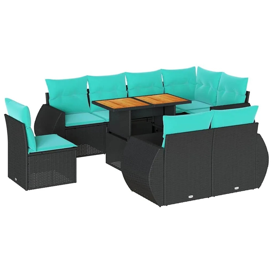 vidaXL 9-teilige Garten-Sofagarnitur in L-Form aus Poly-Rattan und pulverbeschichtetem Stahl mit blauen Kissen in Schwarz - Bild 2
