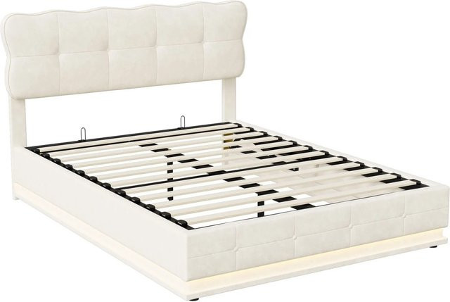 PXloue Polsterbett aus Samt mit LED-Beleuchtung und Stauraum in Beige, B/T/H: 160 x 200 x 110 cm - Bild 1