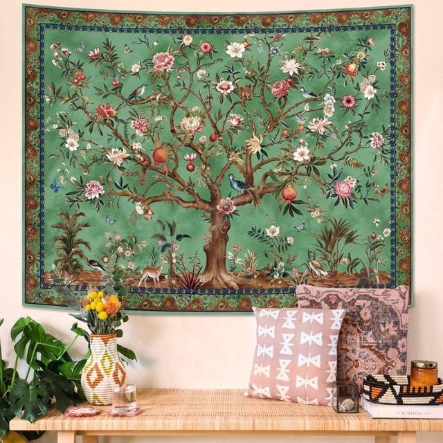 VIKAMA Bohemian Tree of Life Wandteppich mit Blumen- und Tiermotiven in Grün, rechteckiger Textil-Wandteppich im Vintage-Stil - Bild 1