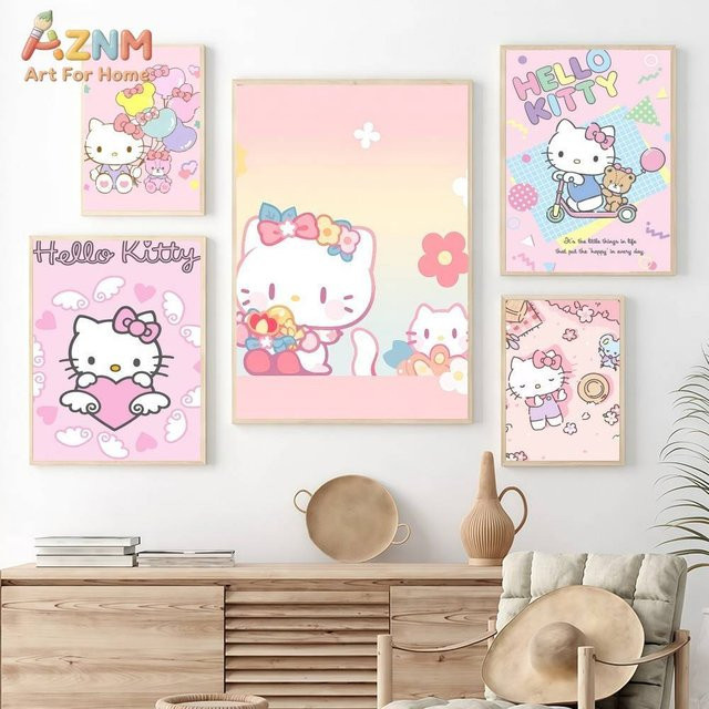 AZNM Hello Kitty Sanrio Leinwand-Wandkunst mit Blumenmotiv in Rosa - Bild 1