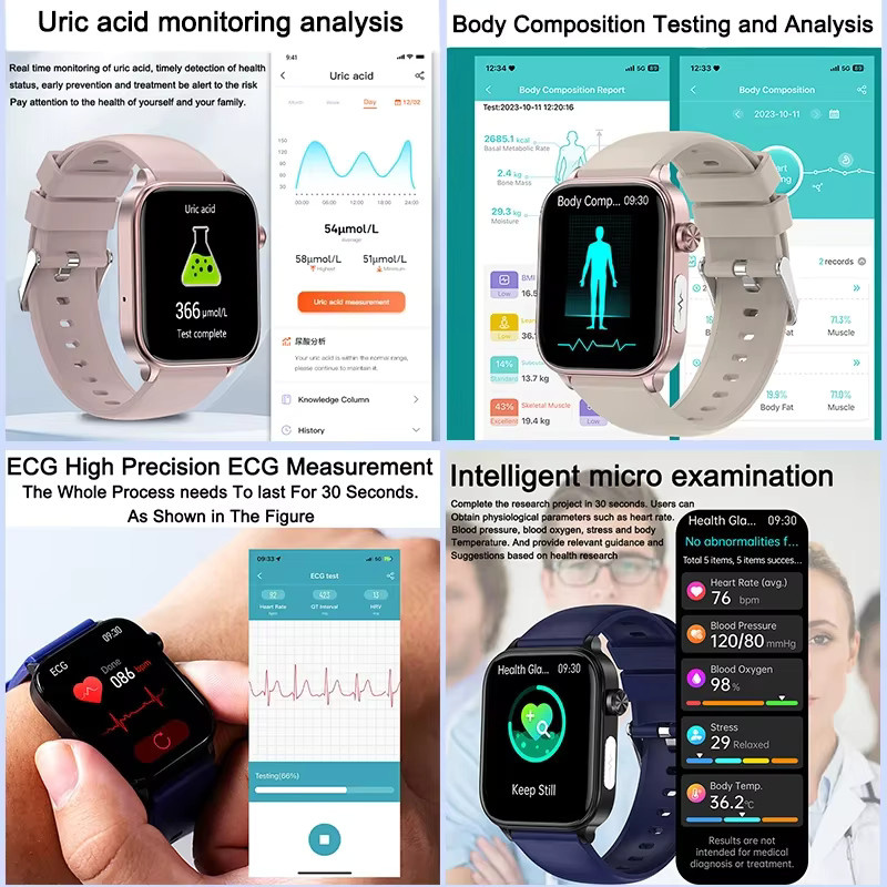 GUHUAVMI Smartwatch für Frauen mit EKG und PPG Überwachung zur Messung von Blutdruck, Blutlipiden, Harnsäure und Menstruationszyklus in Grau oder Pink - Bild 2