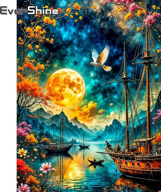 EverShine Diamant Stickerei Landschaftsbild mit Schiff und Meer als Strass Mosaik Malerei in Multicolour, B/H: 30 x 20 cm - Bild 1