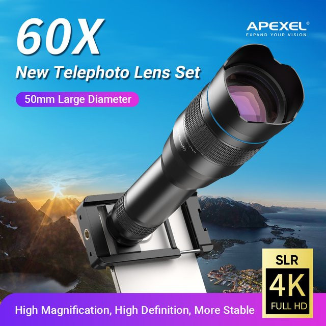 APEXEL 60X Handy-Teleobjektiv Zoom-Objektiv als Monokular-Teleskop für iPhone und Samsung Smartphones in Schwarz - Bild 1