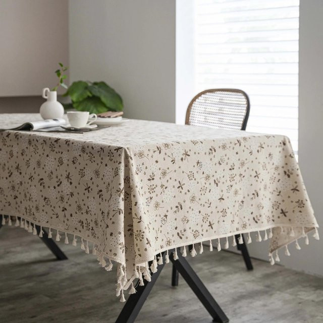 Vintage Tischdecke von Super Six aus Baumwolle und Leinen mit Blumenmuster und Quasten in Beige, B/T: 60 x 60 cm - Bild 1