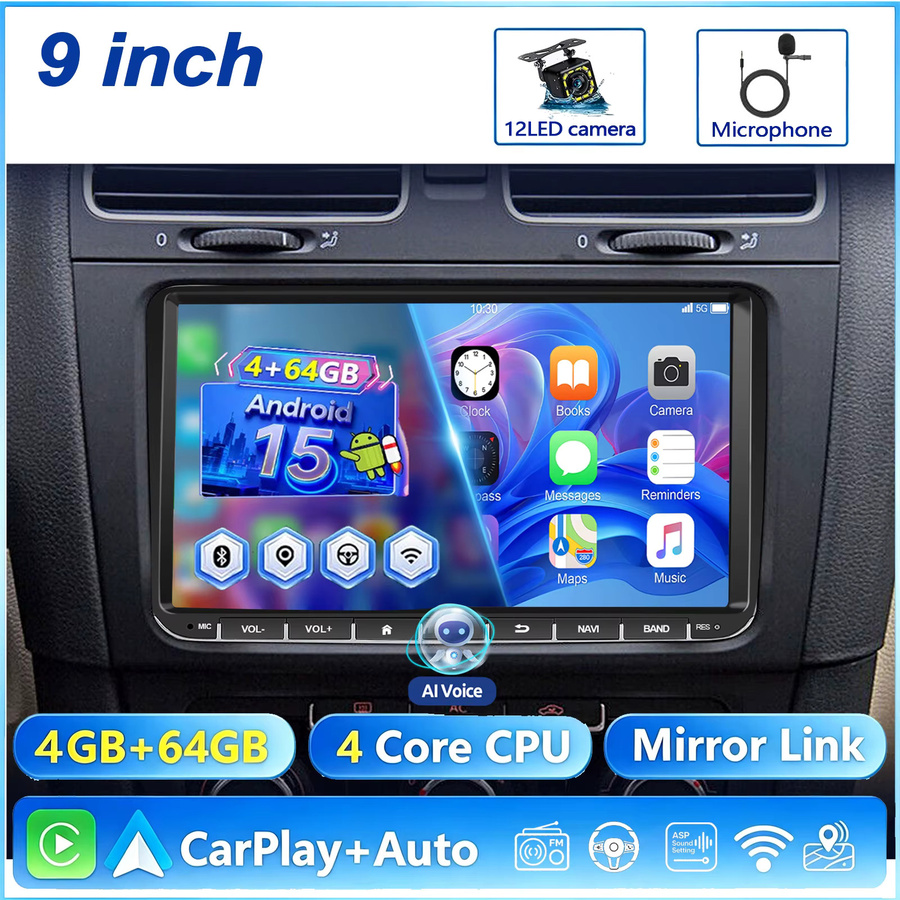 ESSGOO Android 15 Autoradio mit 9 Zoll Display, 64G Speicher, kabellosem Carplay, Android Auto und GPS-Navigation für SEAT SKODA VW Golf 5 6 Plus Tiguan Touran Polo Caddy EOS 6R Passat Jetta Rabbit T5 Sharan, Schwarz - Bild 7