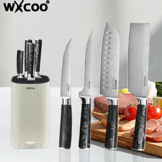 WXCOO Damaszener Profi-Küchenmesser Fleischbeil und Ausbeinmesser mit Halterung - Bild 1