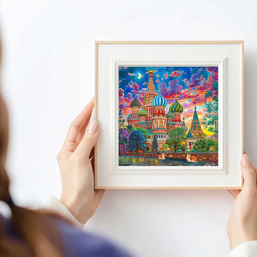 Huacan 5D DIY Diamantmalerei Landschaft mit Katze und Kirche bei Sonnenuntergang, Dekorative Diamantstickerei in Mehrfarbig, B/H: 20 x 20 cm - Bild 3