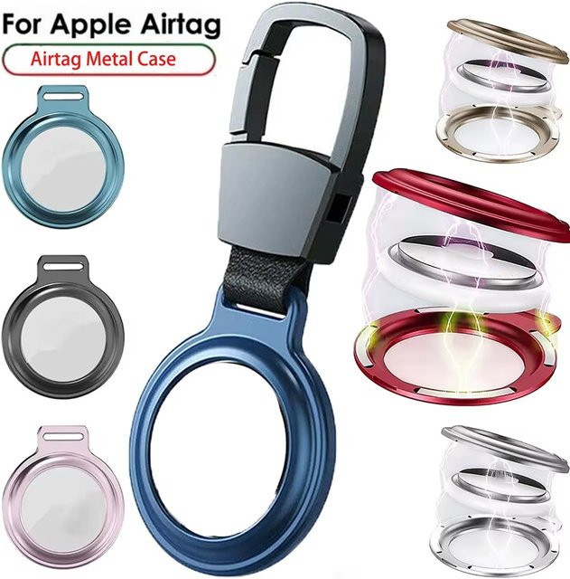 Metallische magnetische Schutzhülle für Apple AirTag mit Schlüsselanhänger in Lila - Bild 1
