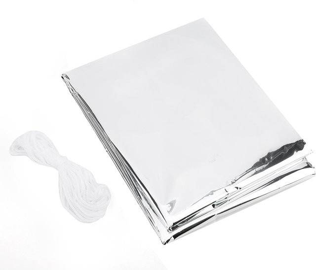 Fishine Notzelt Einweg Wasserdichtes Überlebenszelt aus Aluminiumlaminierter Folie in Weiß und Silber mit Nylonseil - Bild 1