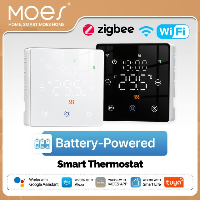 MOES Smart Thermostat Tuya WiFi/ZigBee Batteriebetriebener Temperaturregler für Gaskessel kompatibel mit Alexa und Google Home in Schwarz oder Weiß - Bild 1
