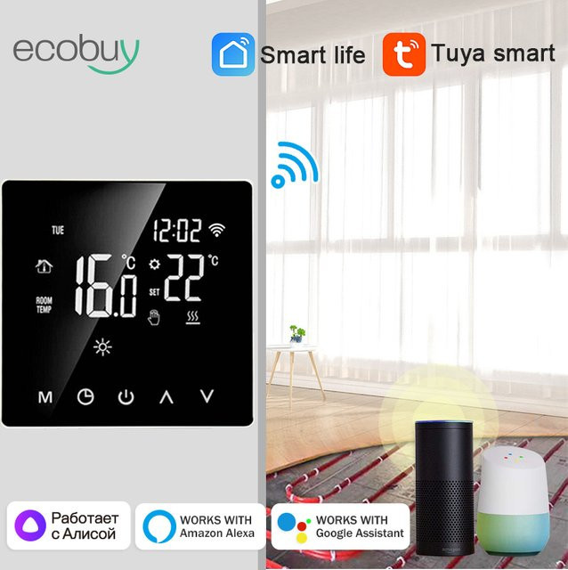 Tuya Smart Thermostat für Fußbodenheizung mit WiFi und App-Steuerung, Digitaler Temperaturregler in Schwarz mit Alexa Sprachsteuerung - Bild 1