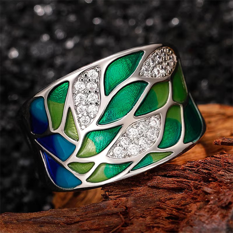 Huitan Sanfter Ring, grünes Blatt-Emaille, Zirkonia, Damen, Bohemia-Stil - Bild 2