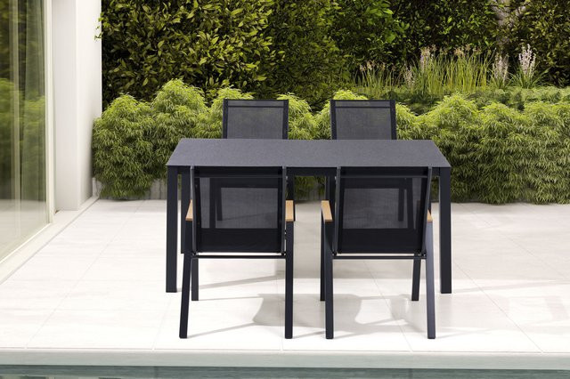 OUTFLEXX Garten-Essgruppe aus Alu, Spraystone und Textil in Anthrazit Matt/Schwarz mit 4 Stapelstühlen, B: 160 cm, T: 95 cm, H: 74 cm - Bild 1