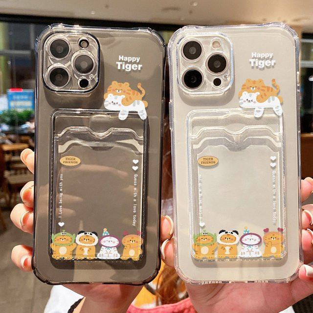 Stoßfeste TPU-Telefonhülle mit Kartenhalter und süßem Katzenmotiv für Apple iPhone, transparent - Bild 1