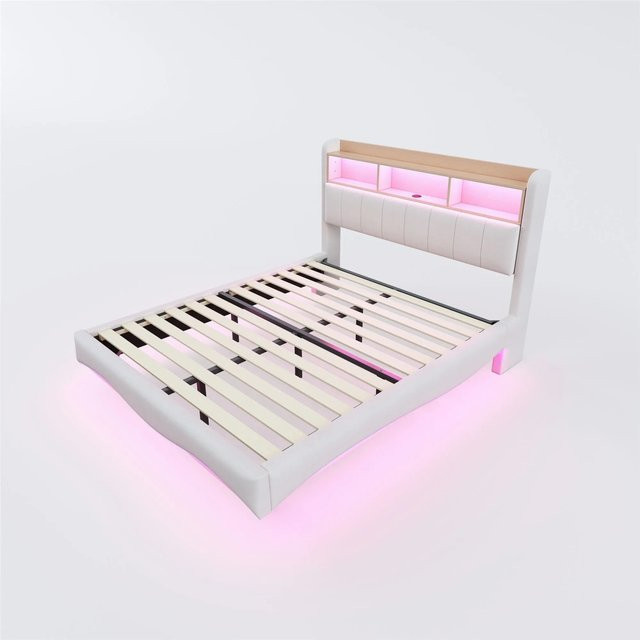 Merax Polsterbett mit Stauraum und LED-Beleuchtung in Beige, B/T/H: 160 x 200 x 110,5 cm - Bild 1