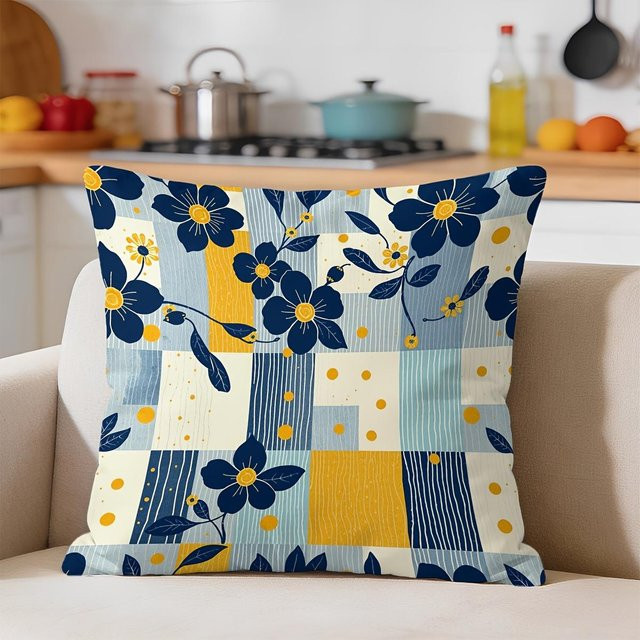 JMG Clothing Quadratischer Kissenbezug mit Blumenmuster aus Plüsch in Blau und Gelb, B/T/H: 40 x 40 x 40 cm - Bild 1