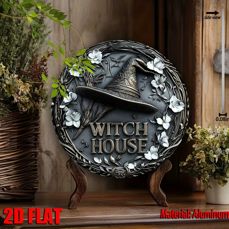 Potdemiel Hexenhaus Metallwandkunst Rundes Aluminiumschild mit Hexenhut, Blumen und Mond im Vintage-Stil, Durchmesser: 20 cm - Bild 4