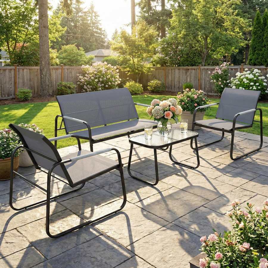 Outsunny 4-teiliges Gartenset in Grau mit 2-Sitzer Sofa, 2 Sesseln und Tisch mit Glasplatte und verzinktem Stahlgestell - Bild 2