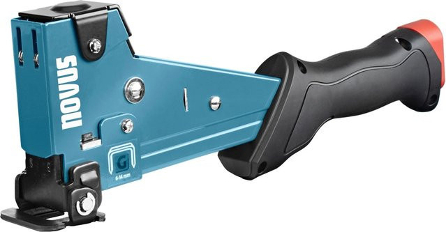 Novus Tools Hammertacker J-055 Typ G Premium-Tacker für Flachdrahtklammern in Blau-Schwarz mit Prallplatte für Oberflächenschutz - Bild 1