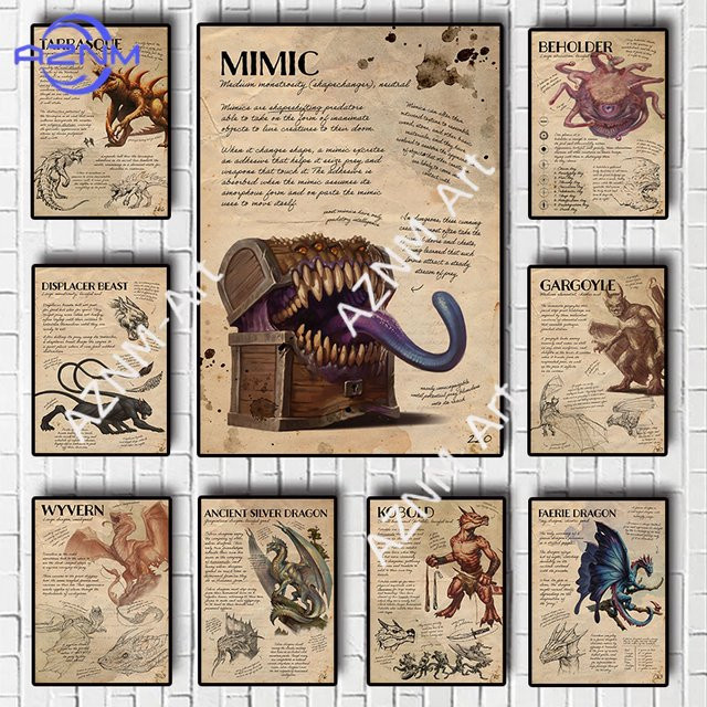 KAYOU D&D Monster-Handbuch Poster als Leinwanddruck Wanddekoration mit Mimic, Gelatine-Würfel, Beholder und Feen-Drachen in Mehrfarbig - Bild 1