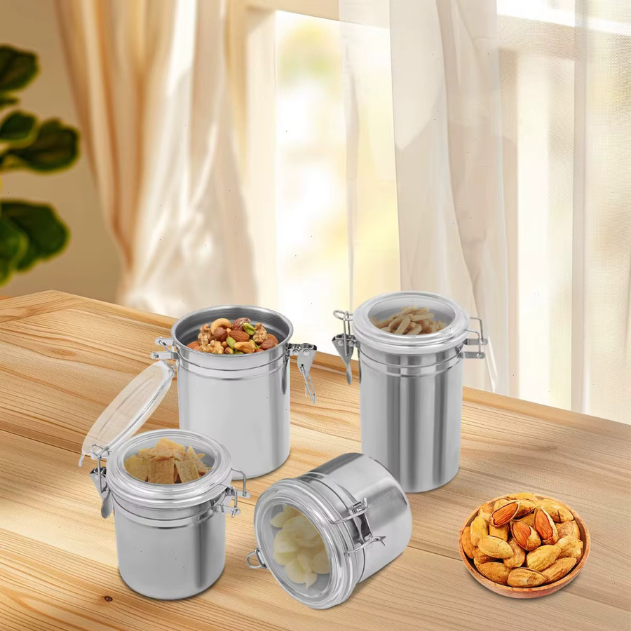 Bymaocar 4er-Set Edelstahl-Aufbewahrungsbehälter mit Kunststoffdeckel in Silber, Durchmesser: 10 cm, Volumina: 575 ml, 820 ml, 950 ml und 1300 ml für Kaffee, Tee, Zucker oder Mehl - Bild 2