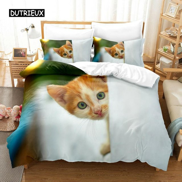 Bettwäsche-Set mit Katzenmotiv von Binchi Outdoor Product, 3-teiliges Set aus Microfaser in Weiß, Breite: 155 cm, Höhe: 215 cm - Bild 1