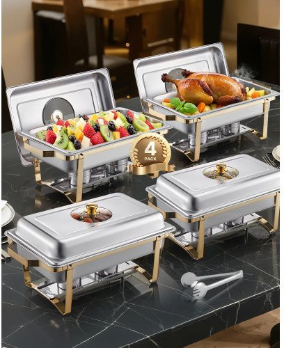 VEVOR Chafing Dish Buffet Set aus Edelstahl mit 4 Behältern in voller Größe, rechteckiger Speisenwärmer mit Glasdeckel, Wasserpfannenständer und Brennstoffhalter, Farbe: Silber - Bild 1