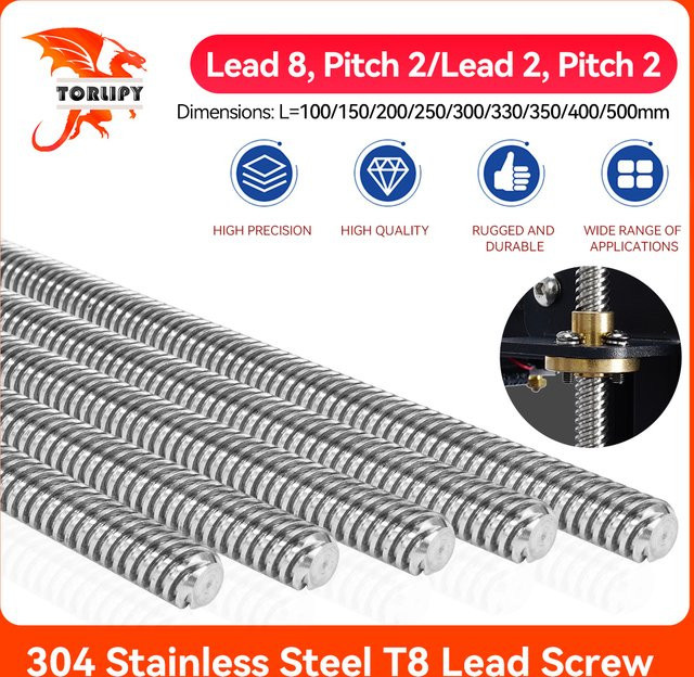 Torlipy T8-Leitspindel mit Messingmutter in Silber für 3D-Drucker-Teile, Außendurchmesser 8 mm, Steigung 2 mm - Bild 1