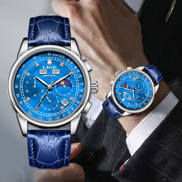LIGE Chronograph, Quarz, Leder, Blau, Herren - Bild 1