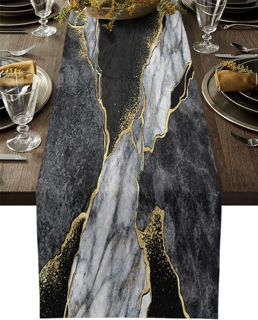JINGYUE Pet Tischläufer aus Leinen mit abstraktem Marmor-Design in Schwarz, Weiß, Gold und Grau, B/H: 150 x 33 cm - Bild 1