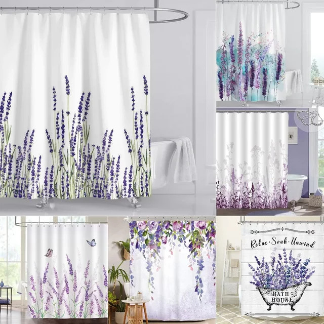 Wasserdichter Lavendel-Duschvorhang aus Polyester mit Blumenmuster und Haken, Lila, Höhe: 180 cm, Breite: 90 cm - Bild 1