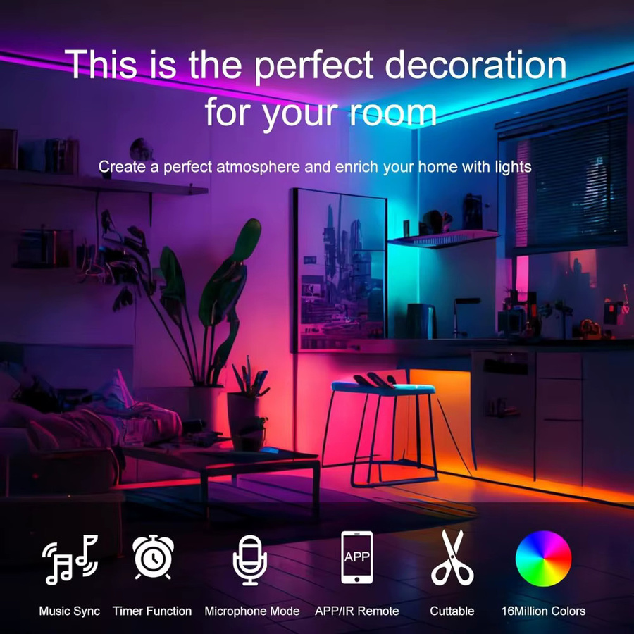 YSRSAI RGB LED-Streifen mit App-Steuerung und Fernbedienung, USB 5V 5050 SMD LED-Lichtband Multicolor für Schlafzimmer und Raumdekoration, Länge: 1 m - Bild 3