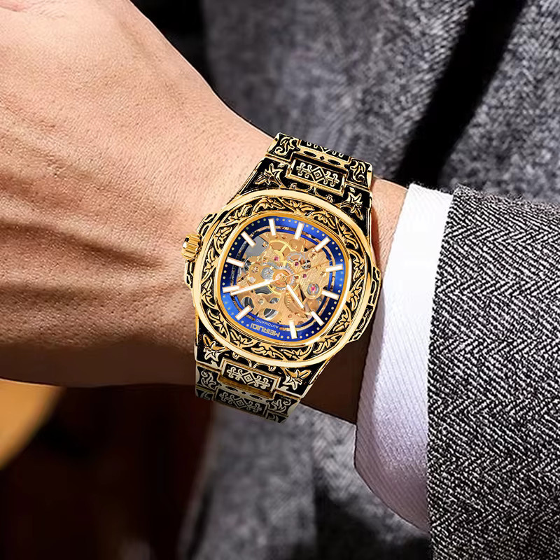 MEIRUIQI Armbanduhr Automatik, Edelstahl, Gold, Blau, Herren - Bild 5