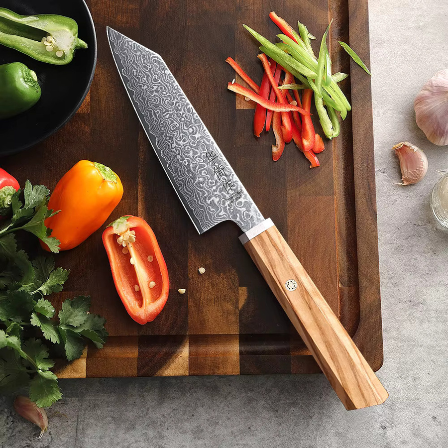 HUAYIGRAND Japanisches Bunka-Allzweckmesser aus 67-lagigem Damaszener Stahl, handgeschmiedetes Kochmesser für Fleisch, Obst und Gemüse, Silber - Bild 3