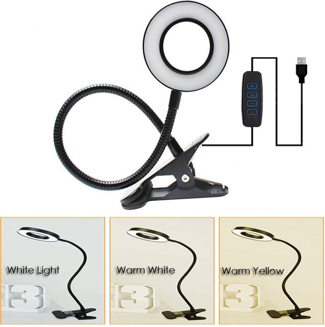 DOUWENXI LED-Ringklemmenlampe in Schwarz mit USB-Anschluss, 3 einstellbare Farbtemperaturen und 360 Grad drehbarem Schwanenhals für Augenschutz beim Lesen oder für Nagelarbeiten - Bild 1