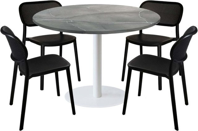 RestooTab Esstisch-Set Rome XL mit 4 Stühlen, runder Tisch mit Stein-Dekor in Grau, Blau und Weiß, Gestell in Weiß, B/T/H: 120 x 120 x 75 cm - Bild 1