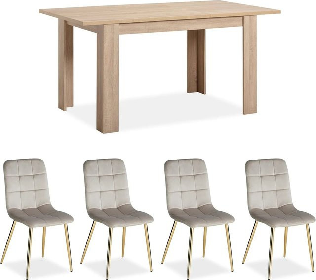 Homestyle4u Essgruppe aus Holz mit Tisch in Natur und 4 Polsterstühlen in Grau, ausziehbar, B/T/H: 275,0 x 80,0 x 75,0 cm - Bild 1