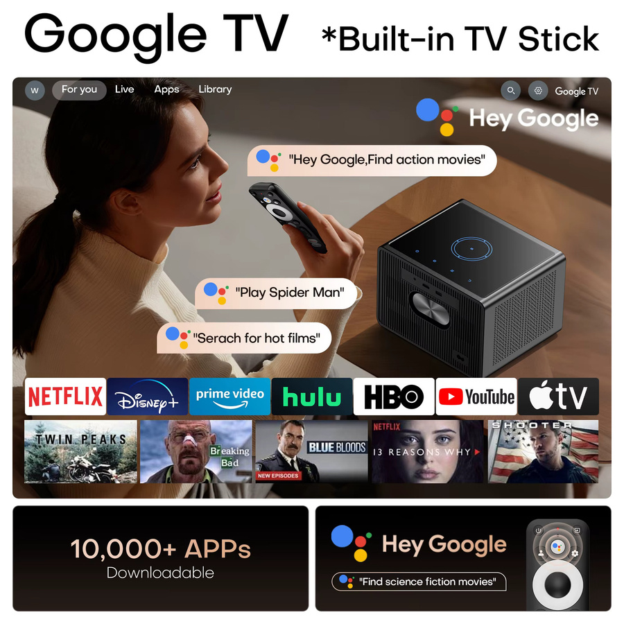 HORLAT 4K UHD Smart Beamer mit Google TV, 50000 Lumen, WiFi 6 und Sprachassistent, Schwarz - Bild 3
