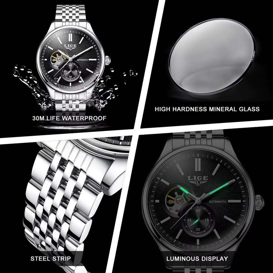 LIGE Armbanduhr Automatik, Edelstahl, blaues Zifferblatt, Herren - Bild 4
