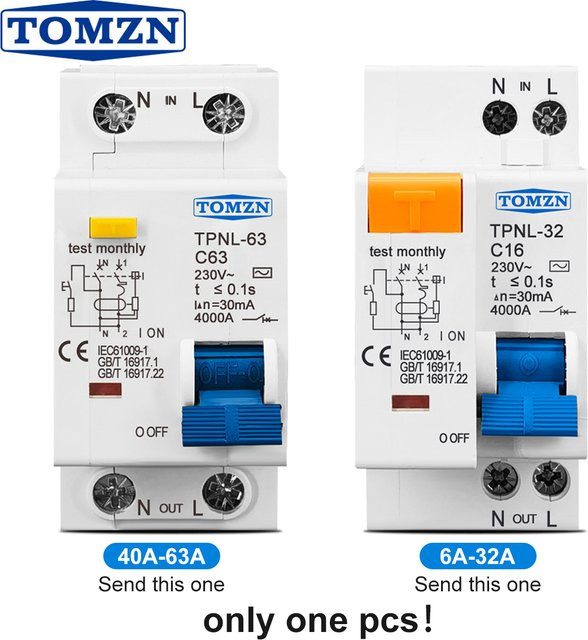 TOMZN RCBO Fehlerstromschutzschalter mit Kurzschlussschutz und Überlastschutz AC230V 1P+N in Weiß - Bild 1
