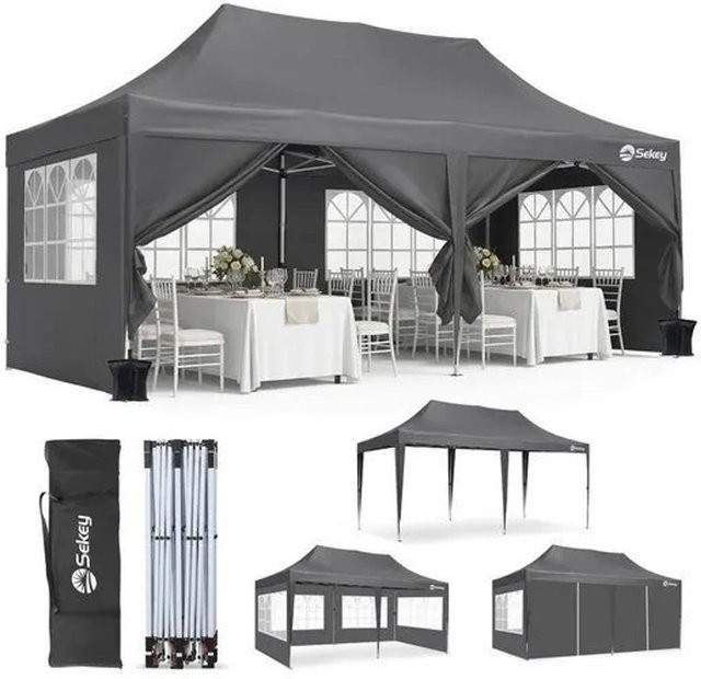Sekey Faltpavillon in Taupe/Grau mit 4 Seitenteilen und 2 Eingängen, wasserdicht und UV-Schutz, B/T/H: 600 x 300 x 315 cm - Bild 1