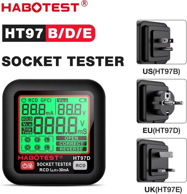 HABOTEST HT97 Digitaler Steckdosentester in Schwarz mit großem Display für EU, US und UK Stecker inklusive RCD und FCI Spannungstest - Bild 1