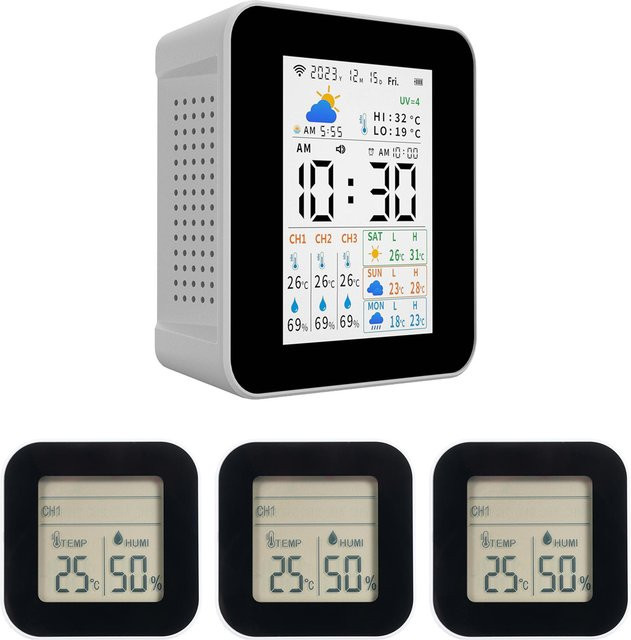 Tuya Drahtlose Wetterstation mit 3 Sensoren für Indoor und Outdoor zur Messung von Temperatur und Luftfeuchtigkeit in Grau mit WLAN und App-Steuerung - Bild 1