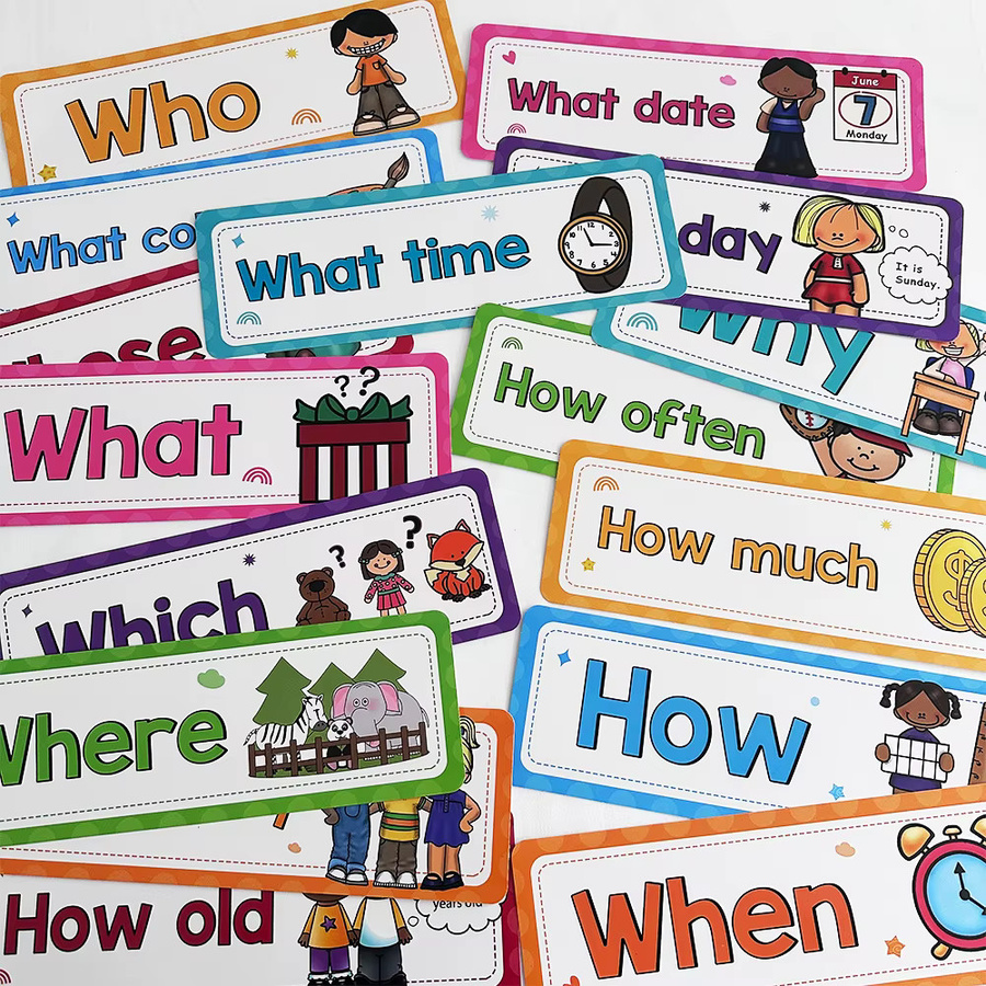 QKX Englische Grammatik-Lernkarten für Kinder mit WH-Fragenwörtern, Mehrfarbig, aus Papier - Bild 3