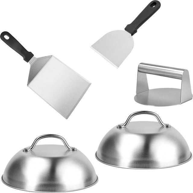 Relaxdays Smash Burger Set aus Edelstahl in Silber und Schwarz, 5-teilig mit Burgerpresse, Grillspachteln und Burgerhaube - Bild 1