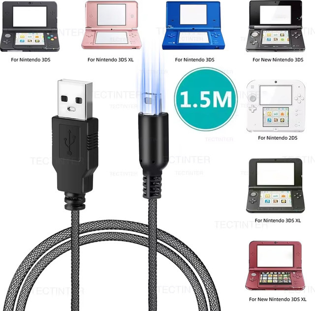 YECKTEGJ Ladekabel in Schwarz für Nintendo DSi, 3DS, 2DS XL und New 3DS XL, 1,5 m Länge - Bild 1